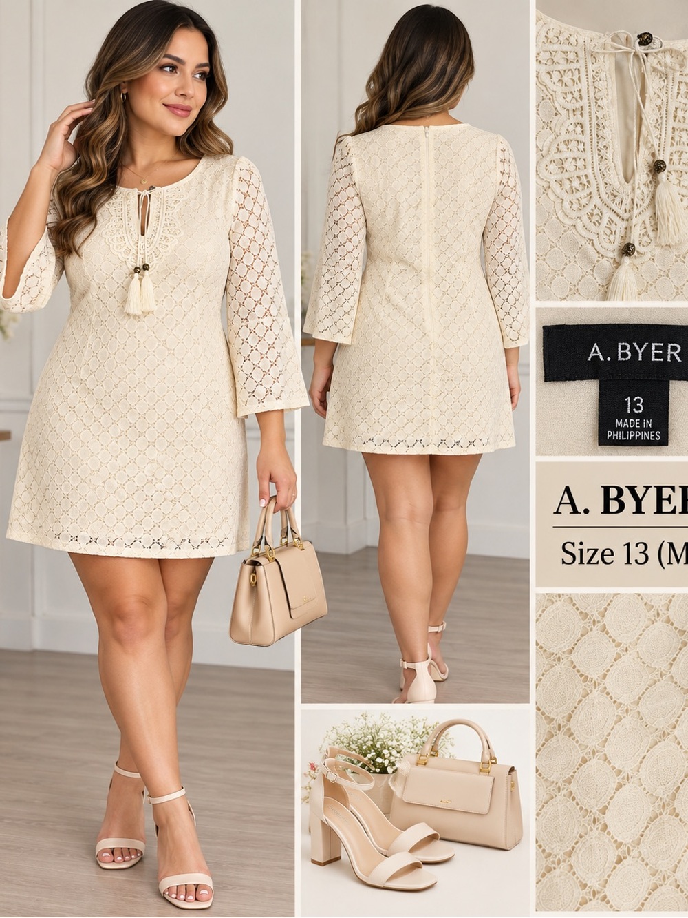 A. Byer Cream Crochet Lace Mini Dress with Tassel Tie size 13